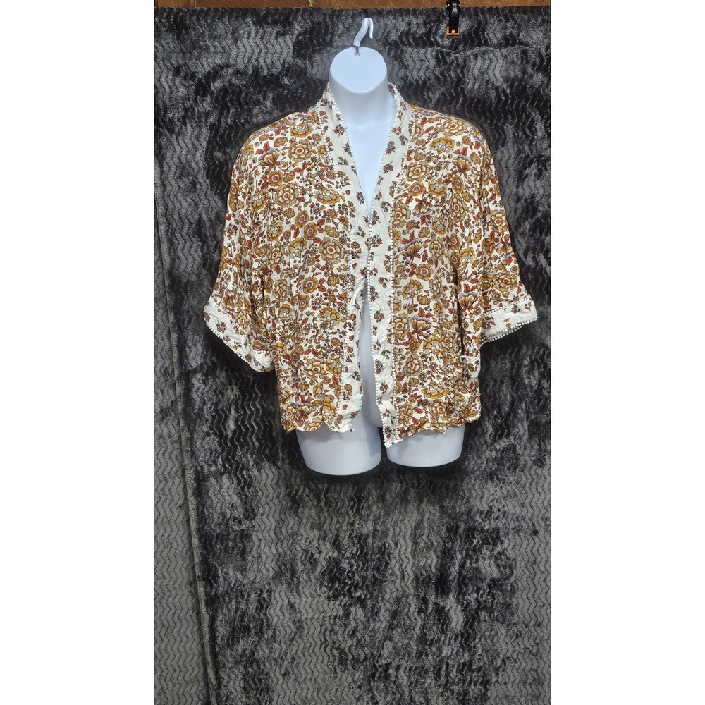 Floral Kimono Cardigan Womens L Hippie 60s Psychedelic Retro Artsy Boho Tapestry
